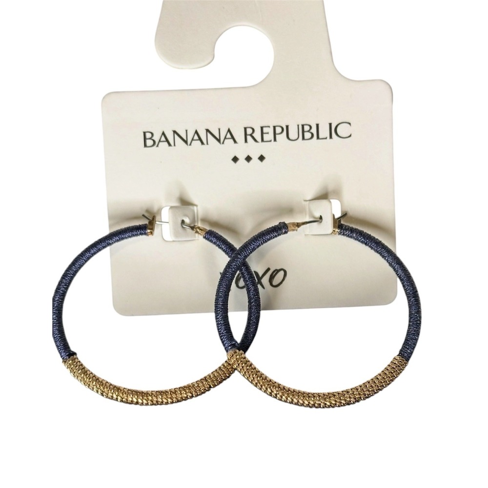 Banana Republic Navy Blue Thread Gold Tone Mesh‎ Mixed Media Hoop Earrings New
